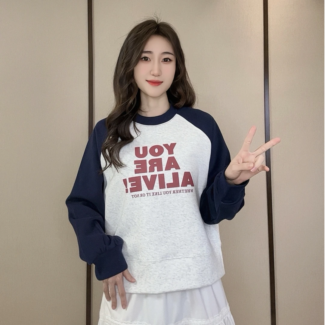 插肩字母卫衣春款长袖时尚休闲宽松印花圆领韩版设计感百搭拼接