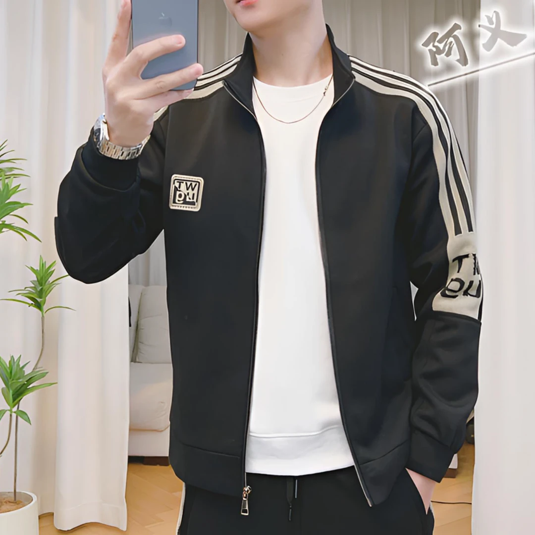 A-Yi【wt外套】男士秋冬新品时尚休闲修身立领百搭拼接夹克条纹