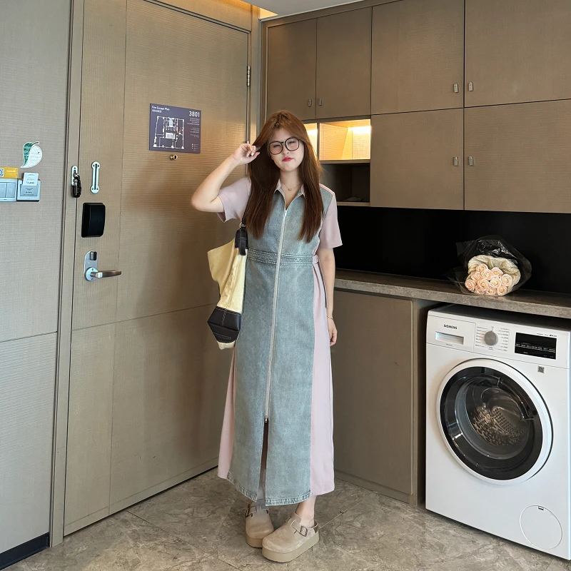 南岛风大码女装撞色牛仔法式夏季胖mm遮肉显瘦宽松连衣裙ZYY694