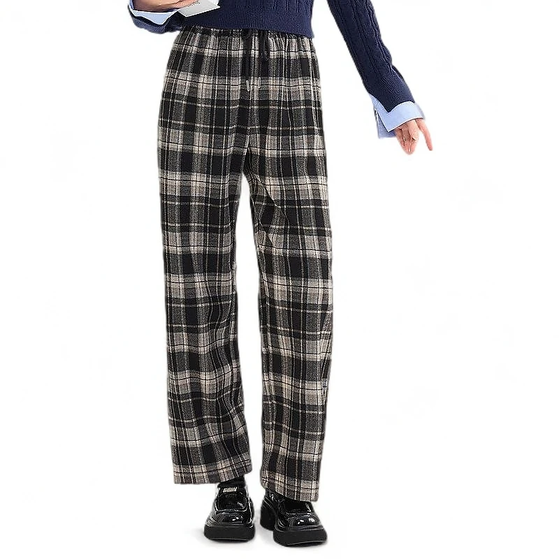 B24018黑白格咖啡格裤子小直筒裤格子裤