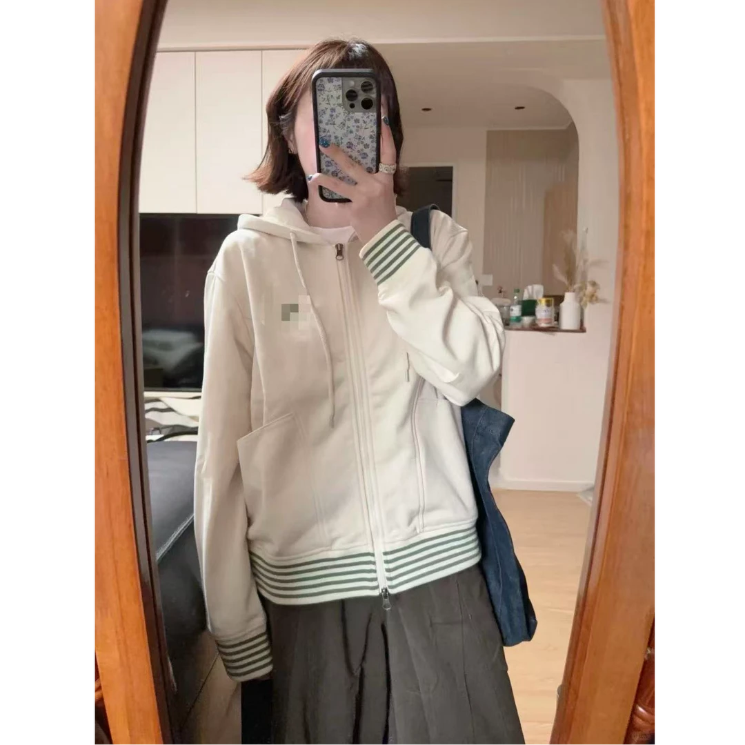 2025秋季新款美式复古运动设计感条纹开衫卫衣宽松连帽外套配裤子