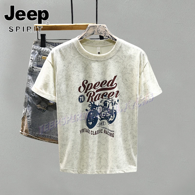 Jeep吉普美式重磅机车印花上衣t复古透气短袖t恤士夏季新款体恤男