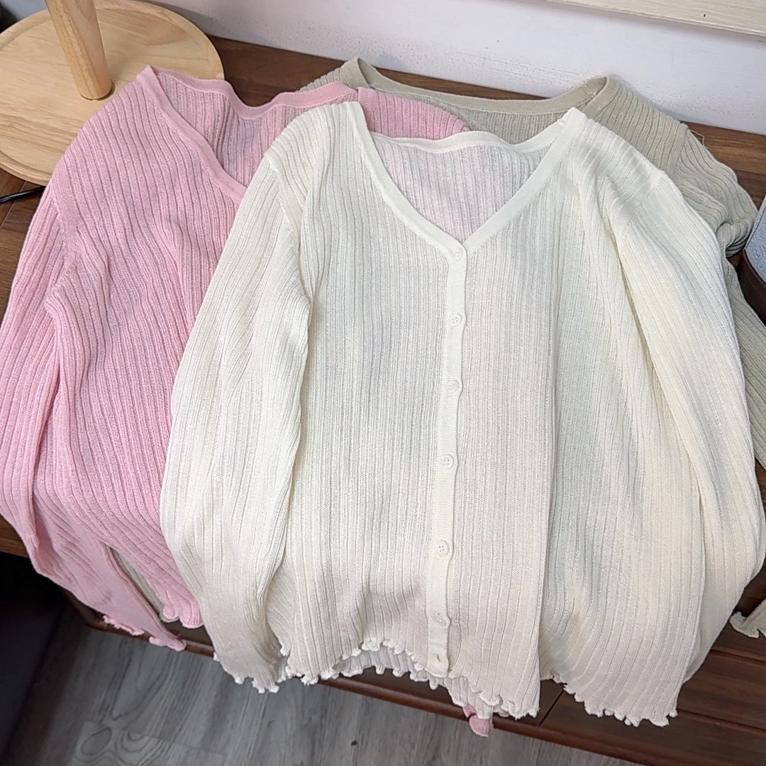 【原歌2】夏季新款220克纯色坑条V领开衫女YG652