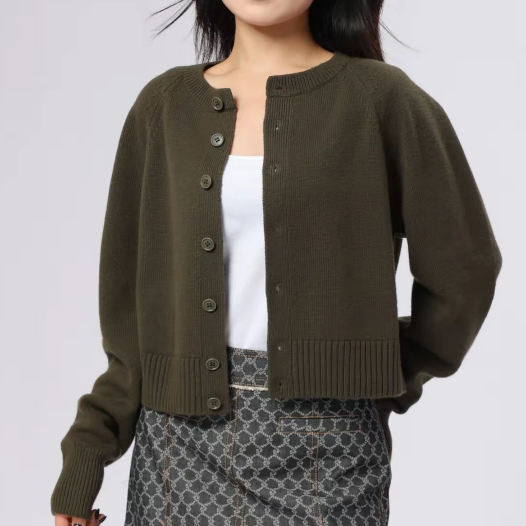 阿玛施390绵羊毛保暖毛衣开衫针春秋黄色V领针织开衫