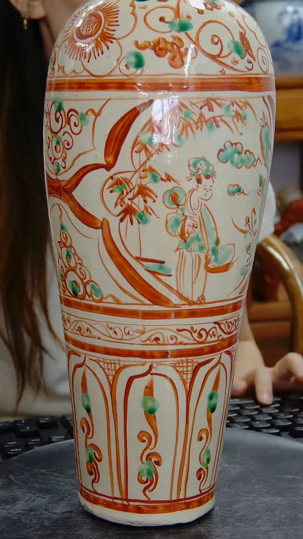 瓶磁州窑红绿彩人物纹梅瓶#1434#