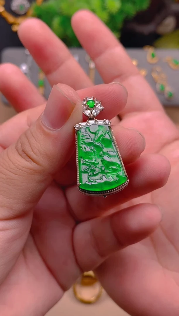 吊坠(不含链)银S925镶嵌翡翠山水