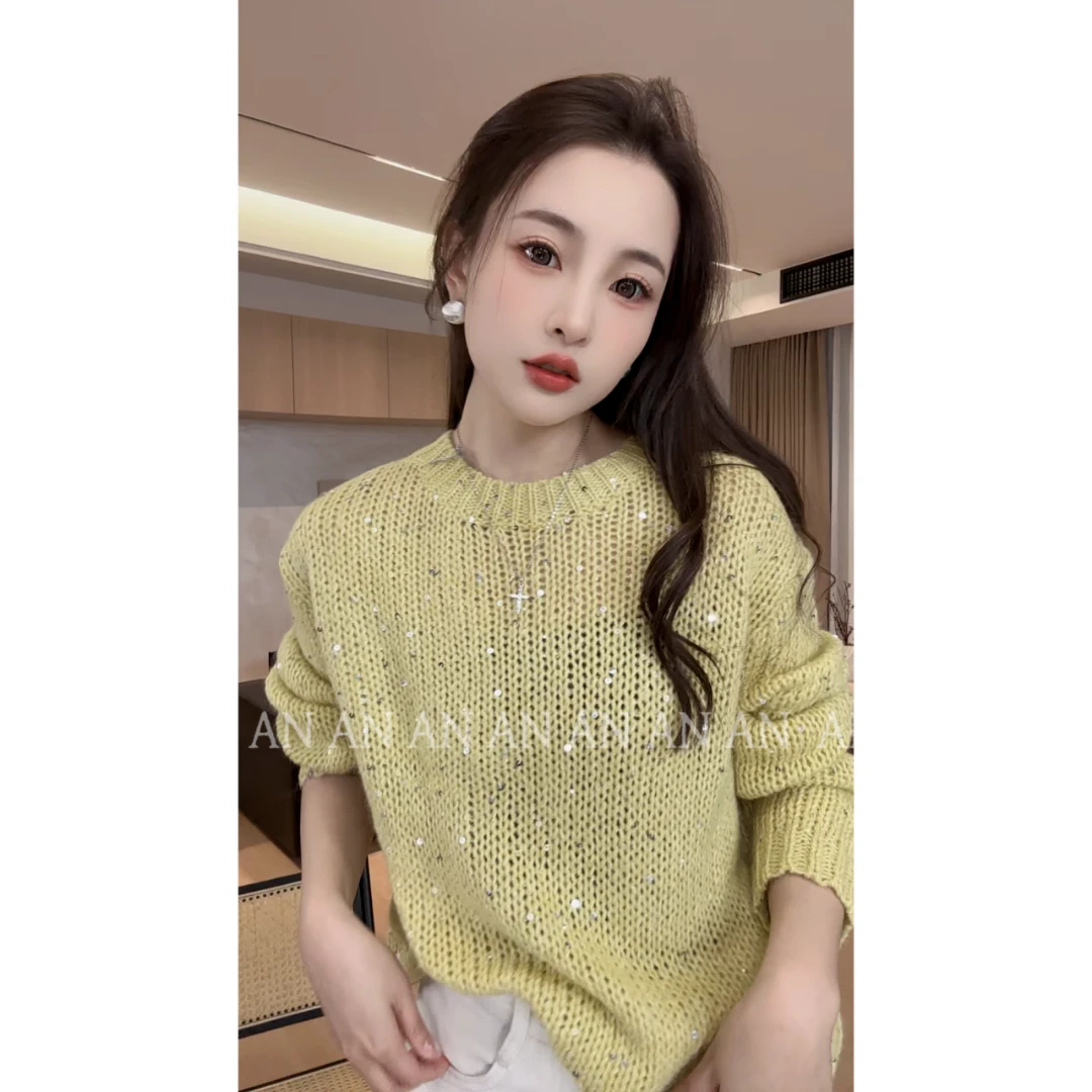 C02123新款洋气独特宽松温柔风显瘦套头亮片针织毛衣