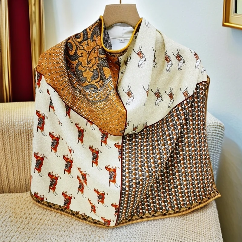 品牌高档双面双色丝毛65cm骏马绵羊毛桑蚕丝冬季护颈方巾女礼盒装