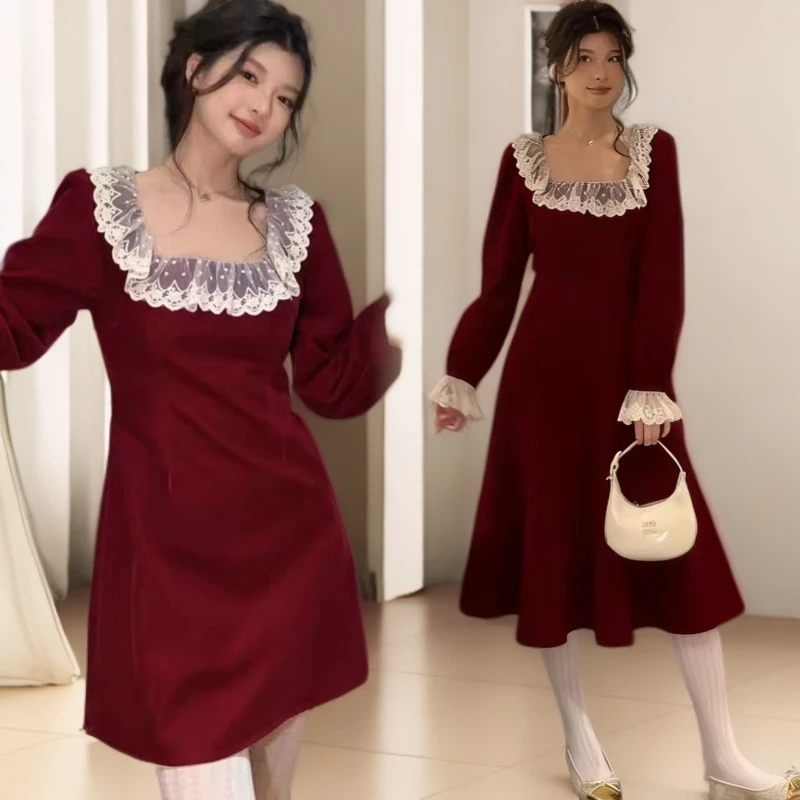 2025冬季新款【长短款】法式赫本风花边领丝绒连衣裙2368*8362-1*