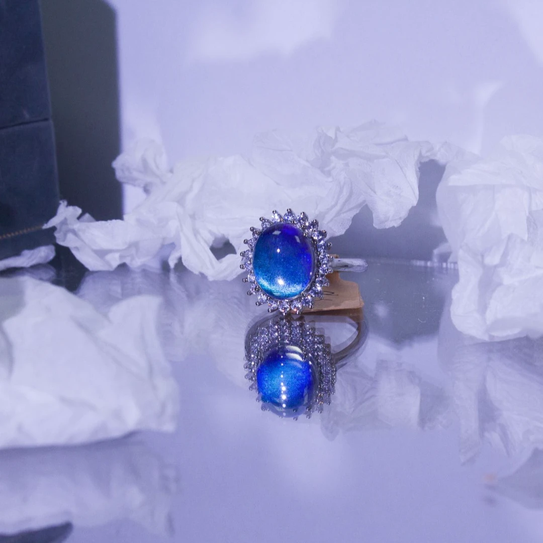 铜合金仿水晶戒指 大蓝闪蝶戒指手工精美蓝色原创设计