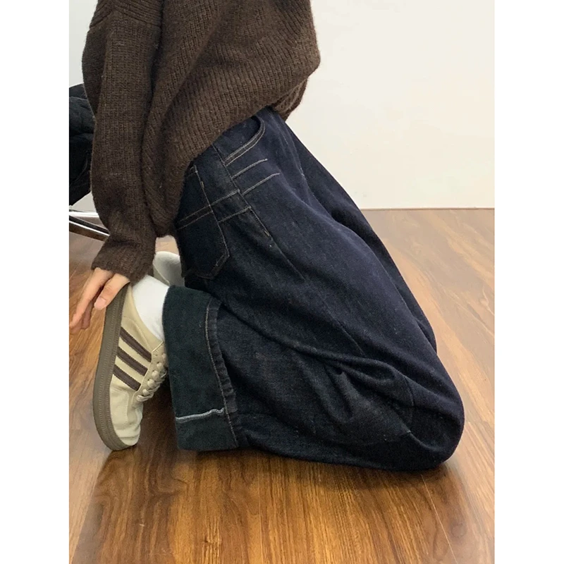 深蓝色加绒阔腿牛仔裤女2025秋冬新款设计感高腰显瘦慵懒拖地裤子