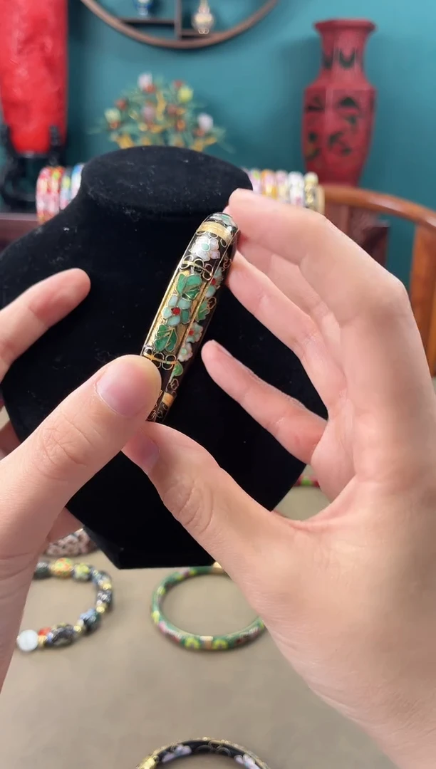 非遗 景泰蓝开口镯 半金地黑色62