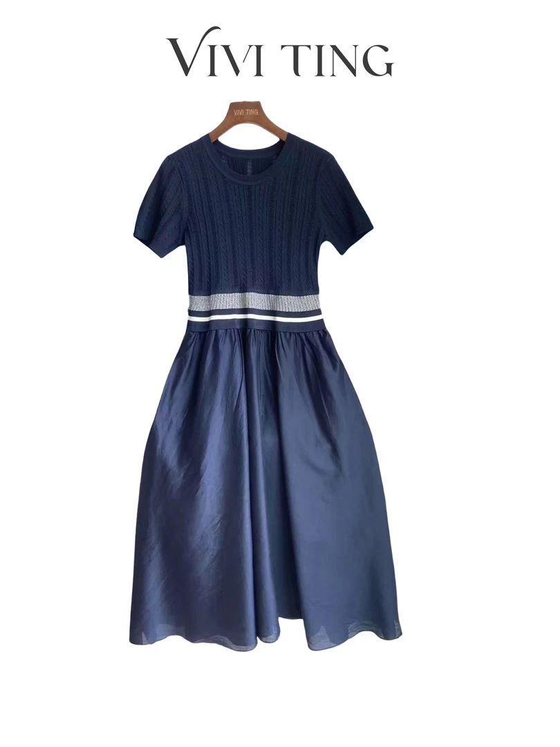 【VIVI·TING】婷姐推荐夏季高级感蓝调拼接针织撞色圆领连衣A51