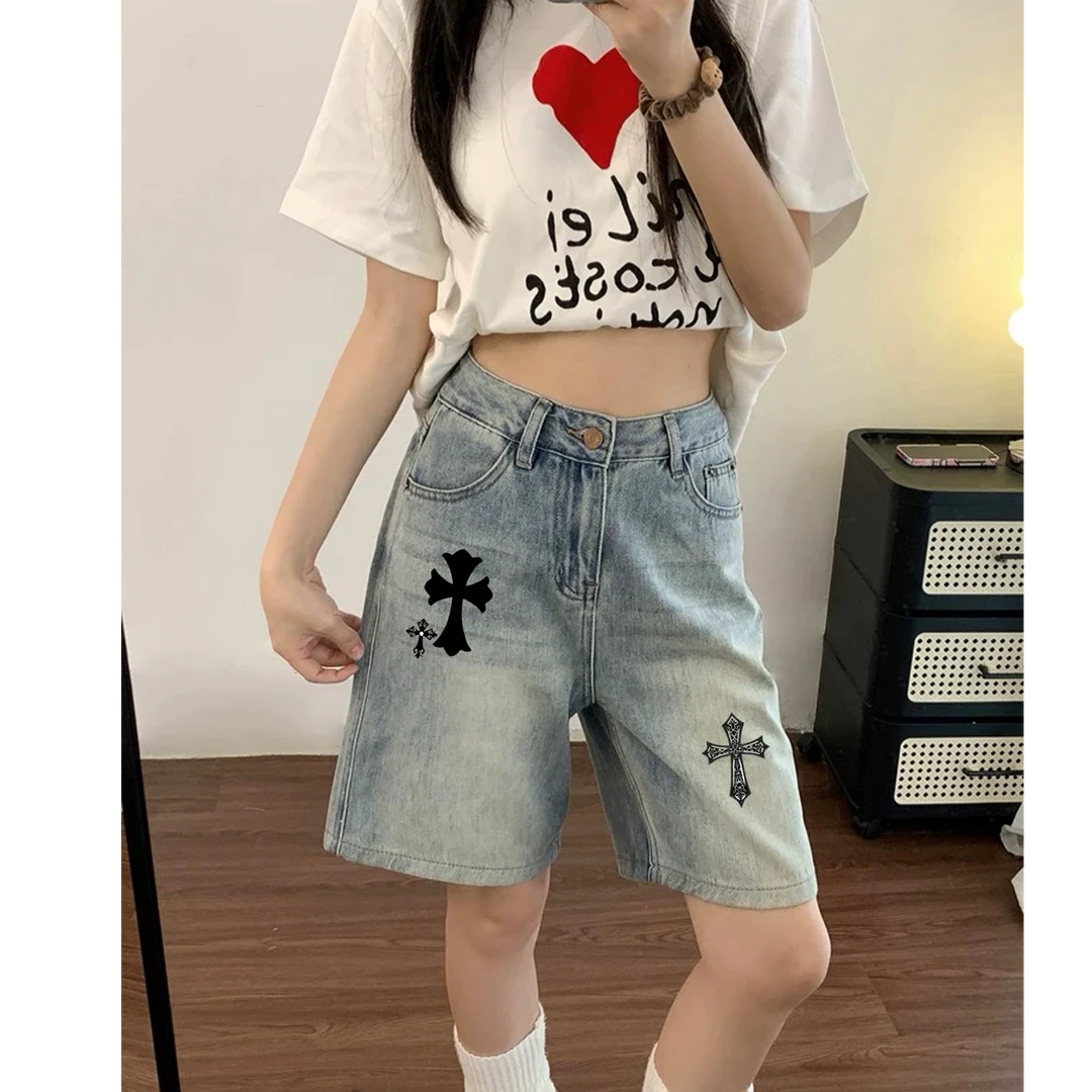 复古牛仔五分短裤男女夏2025新款小个子高腰显瘦宽松直筒a字中裤