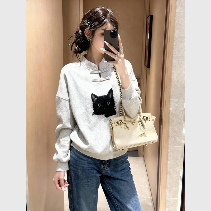 新中式轻国风灰色猫咪印花加绒卫衣时尚洋气休闲百搭显瘦遮肉上衣