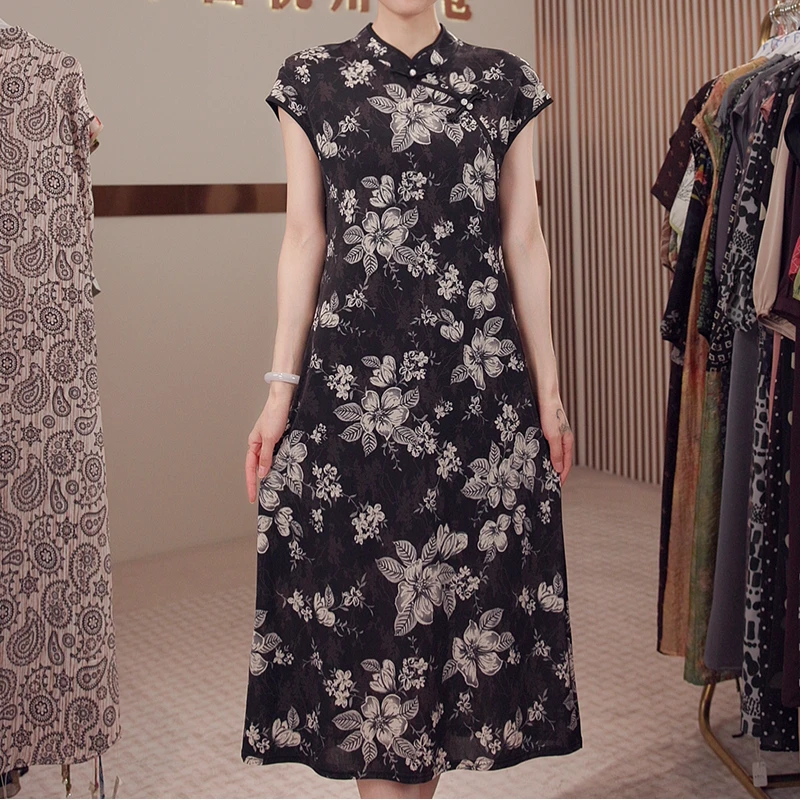 夏季新中式改良旗袍连衣裙国风妈妈装飞飞袖裙子151