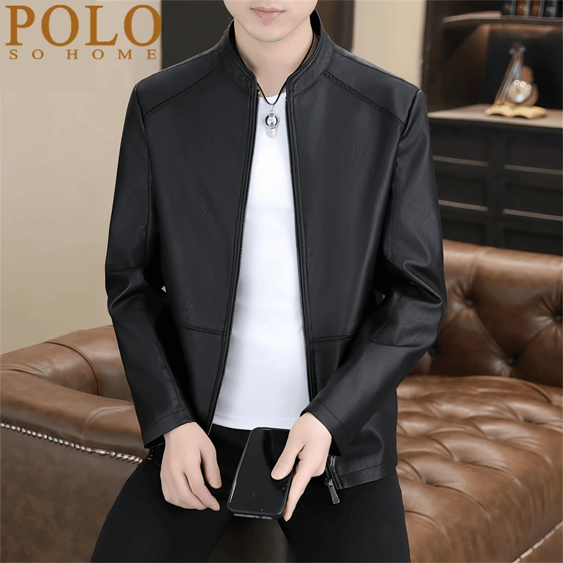 保罗春秋季新款男装高档皮衣休闲时尚立领皮夹克修身百搭男士外套