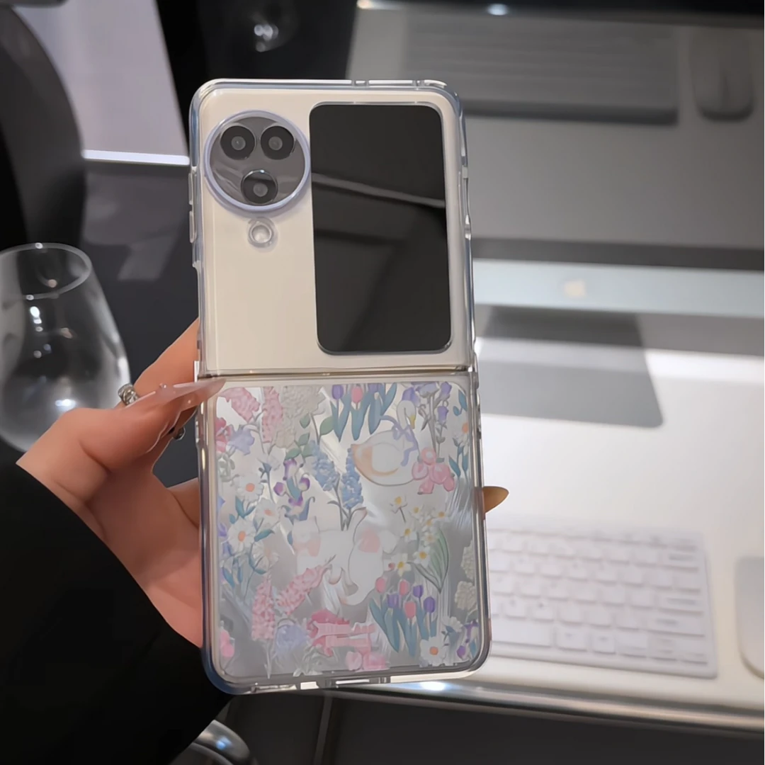 （oppofindn3系列）折叠羽纱适用oppofindn3/2手机壳花丛猫咪白天鹅