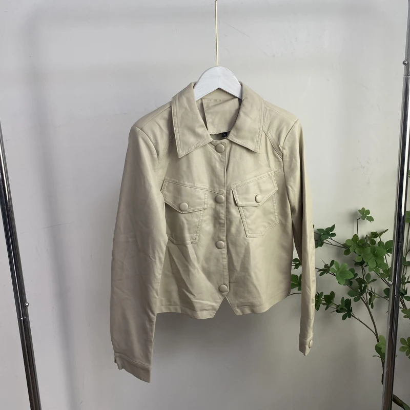 E6248外贸日单时尚女装皮衣外套翻领纽扣短款洋气上衣