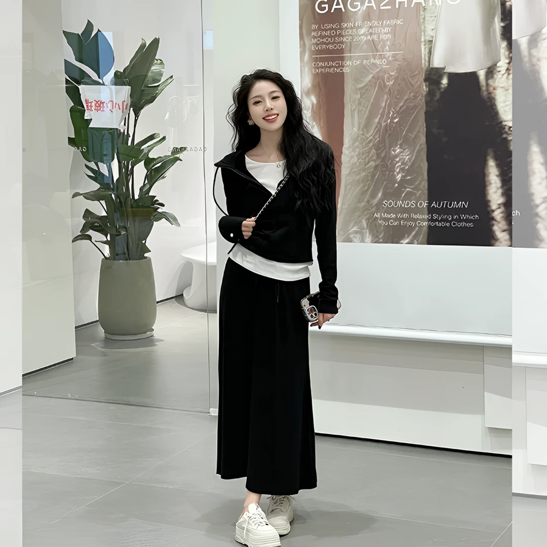 2025年春夏季新款假两件帽衫长袖T恤显瘦抽绳高腰长裙气质两件套