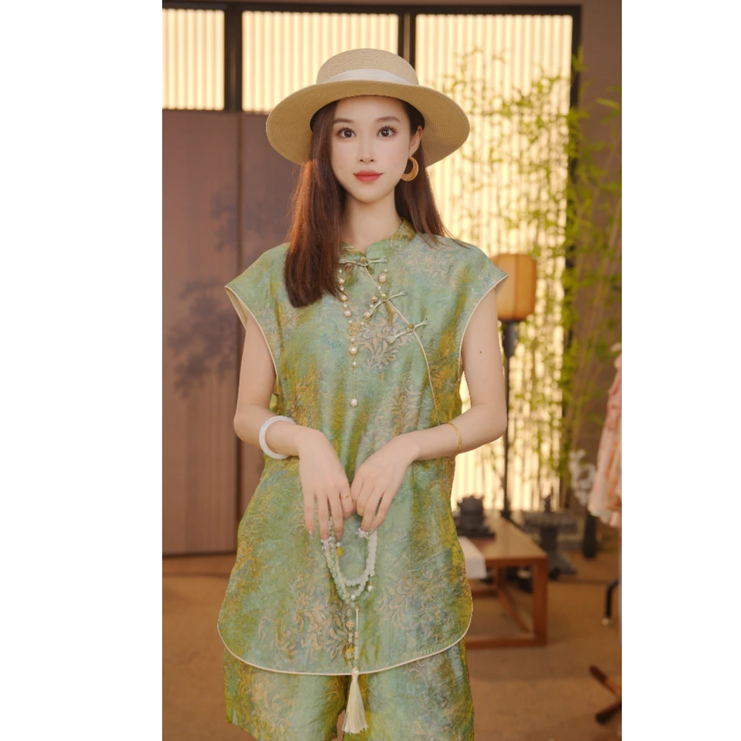 CJ【‌鎏金】新中式2024夏季气质百搭提花立领短袖T恤套装YY25060202