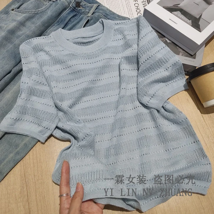 一霖女装2025新款圆领上衣时尚短袖洋气夏季透气百搭针织衫DM1193