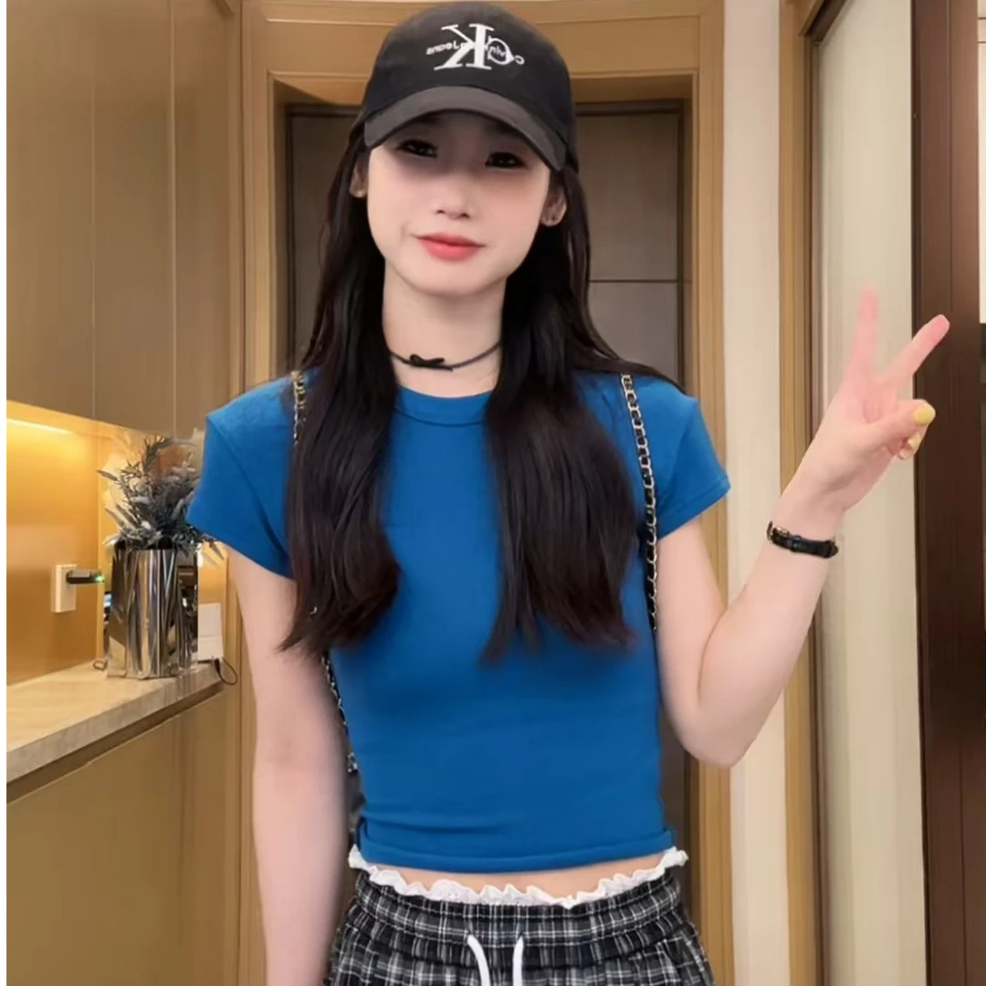 夏春茶修身短款卷边辣妹t女高弹高棉时尚圆领设计感小众上衣