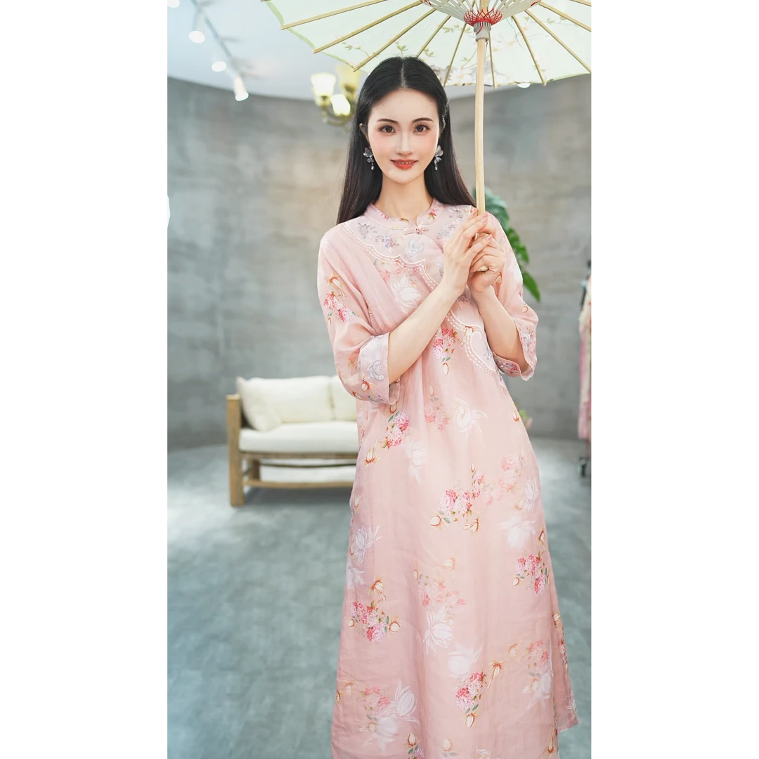 赠李白【昙花仙子】100支苎麻大摆裙国风原创设计旗袍7026