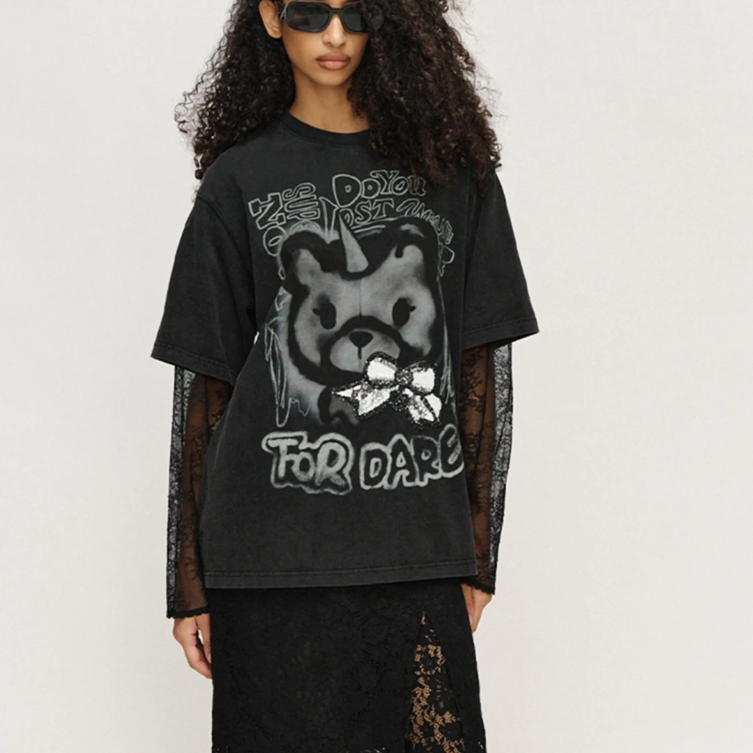 【LOCAT】fordare 涂鸦独角小熊假两件做旧水洗T 2510T13342