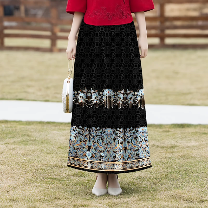 中国风2025新款a字半身裙新中式女款爆款夏季印花马面印花妈妈装