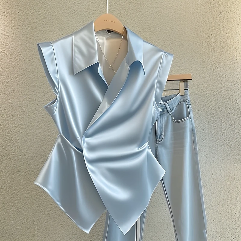 蓝色高级感纯色衬衫女夏季设计感小众收腰衬衣修身显瘦甜辣小上衣