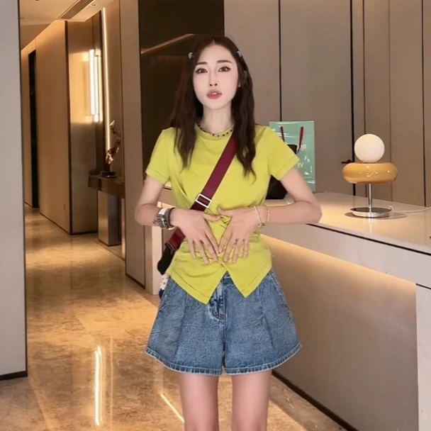 PCNY「霓檬荧光」不理理夏季新款小众女装气质交叉设计修身显瘦短袖