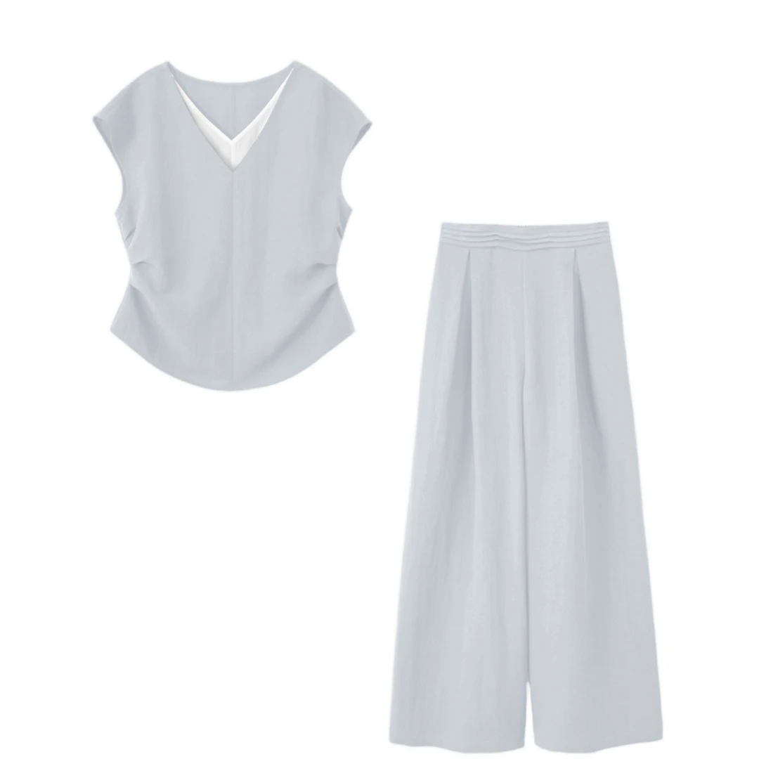2025夏季新款V领显瘦减龄法式极简风短袖设计感套装B0038 YY