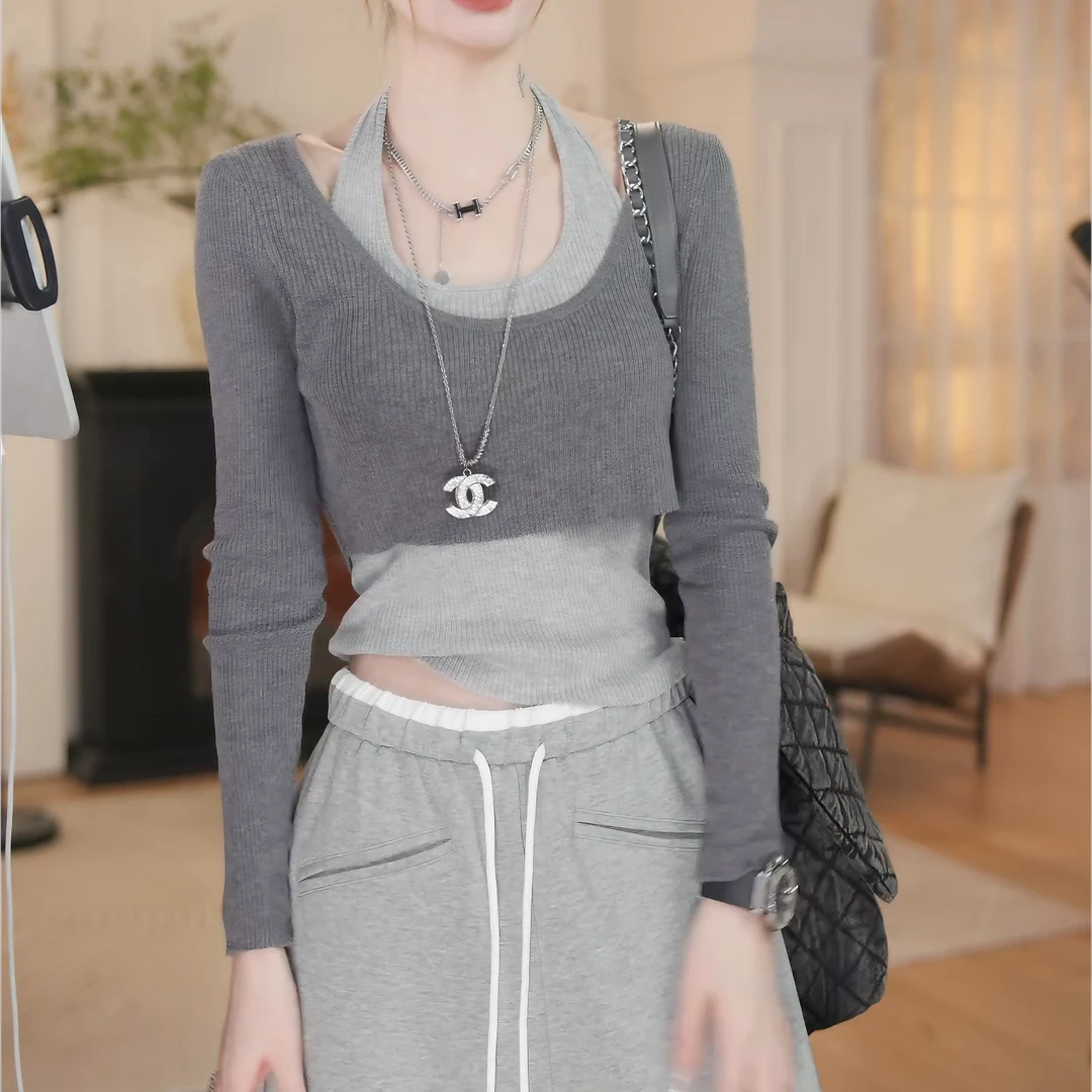 2025初秋新款两件套针织衫罩衫加背心显瘦修身上衣女LK2505541