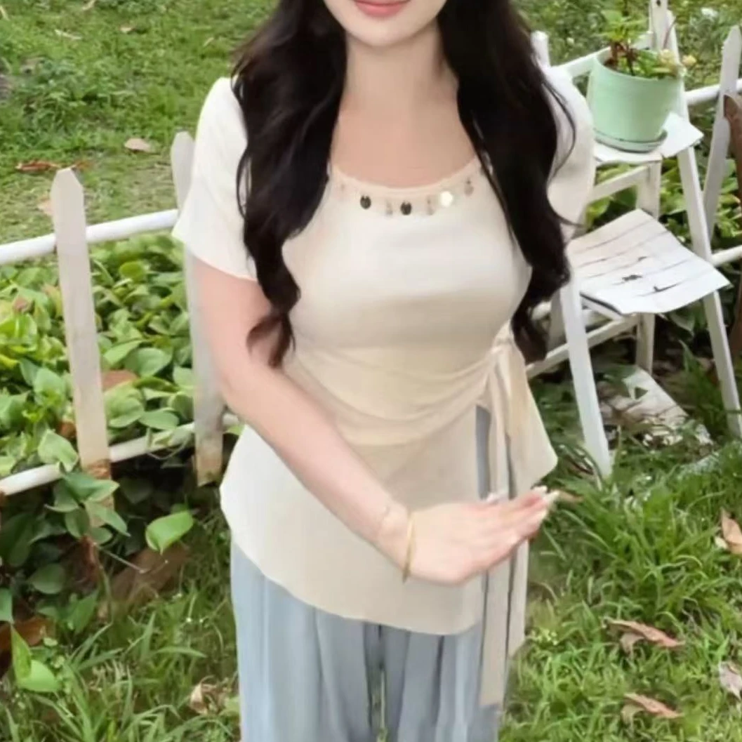 婷婷家短袖t恤夏季新款不规则开叉绑带遮肚子显瘦气质上衣