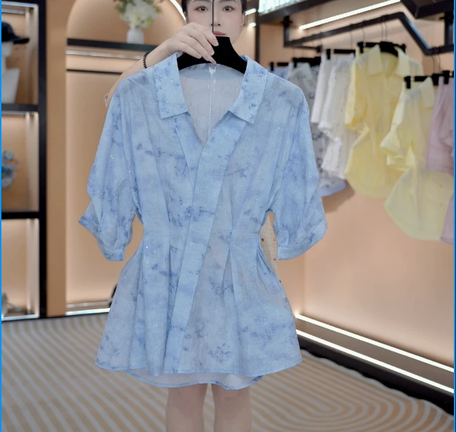 “碧水蓝天” 法式春夏慵懒感中长款宽松休闲衬衫套装    F001