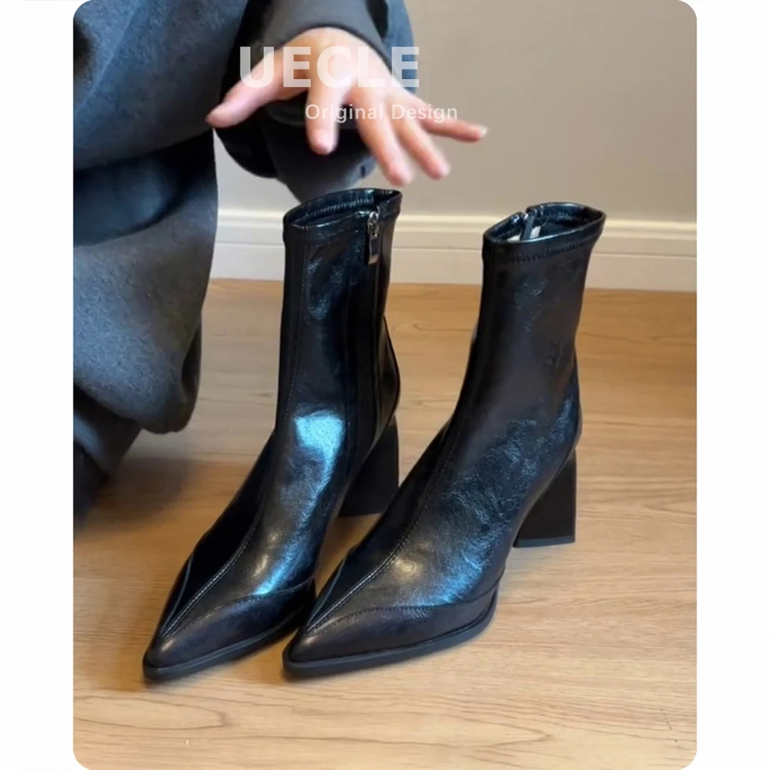 法式复古尖头粗跟短靴女2025新款高跟显瘦瘦靴棕色百搭马丁靴女靴