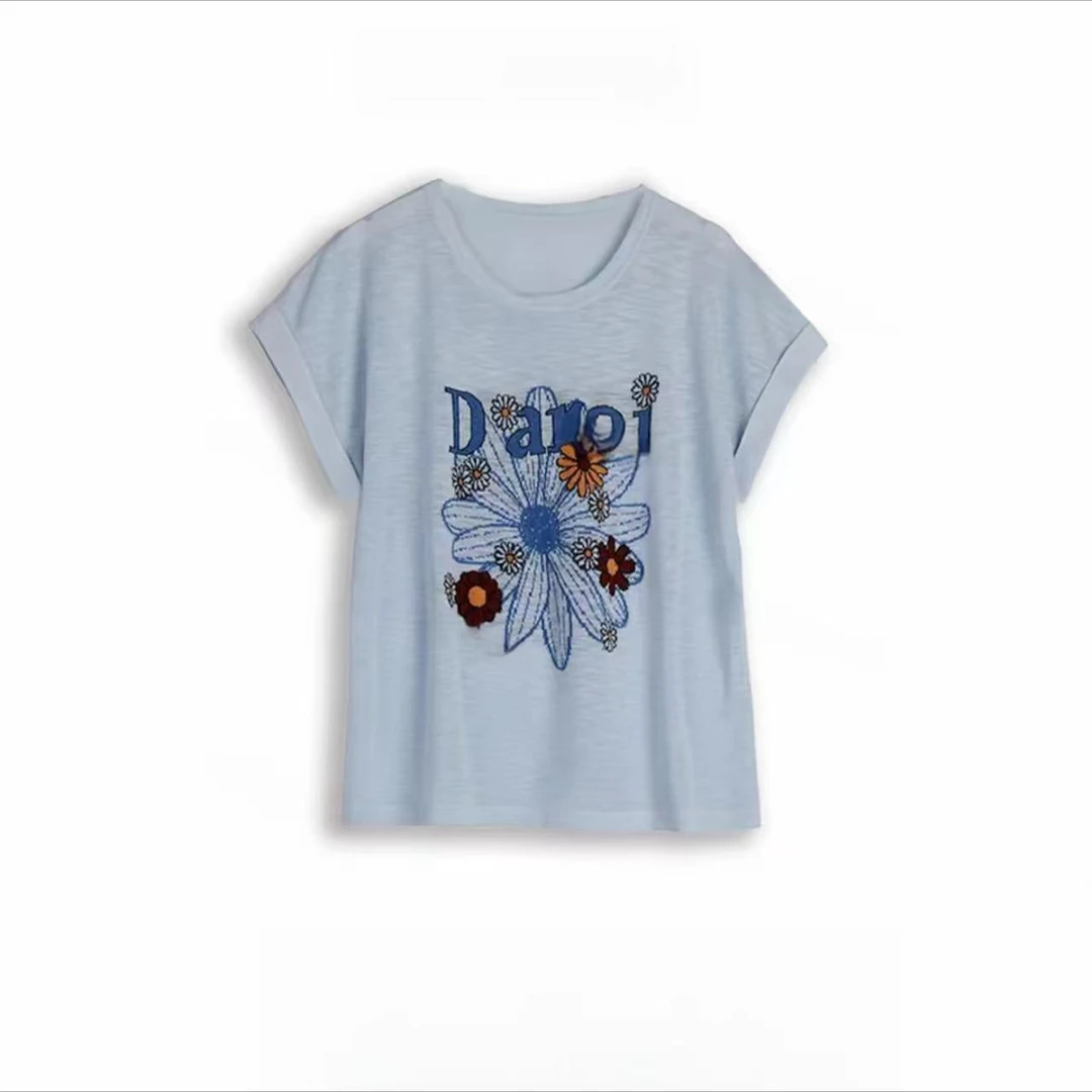 夏季新款竹节麻雏菊针织短袖洋气百搭时尚宽松透气遮肉上衣