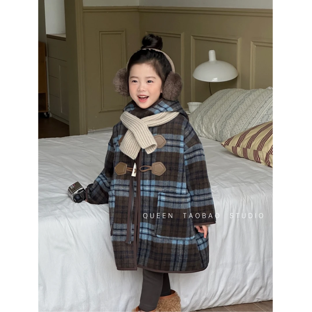 韩国女童加绒连帽格子大衣2025冬季新品宝宝洋气长款一体绒外套