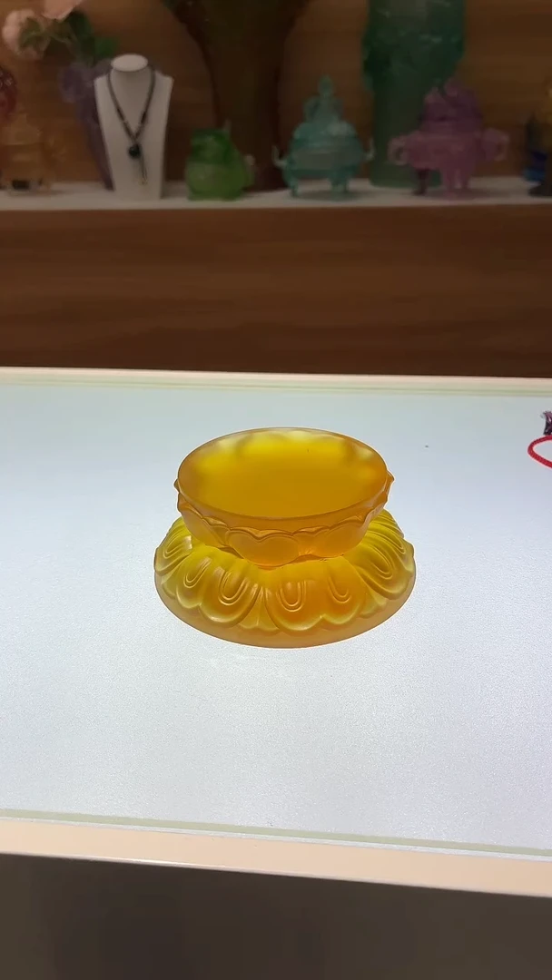 琉璃手工艺品琥珀色双层百搭莲花底座10*4