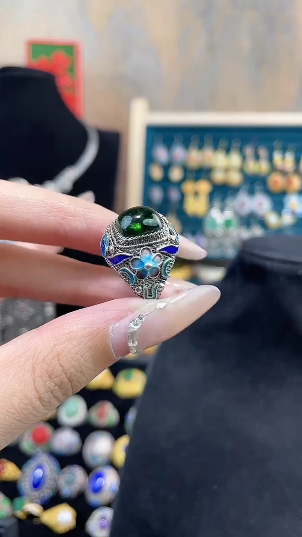 非遗手工花丝镶嵌戒指绿色
