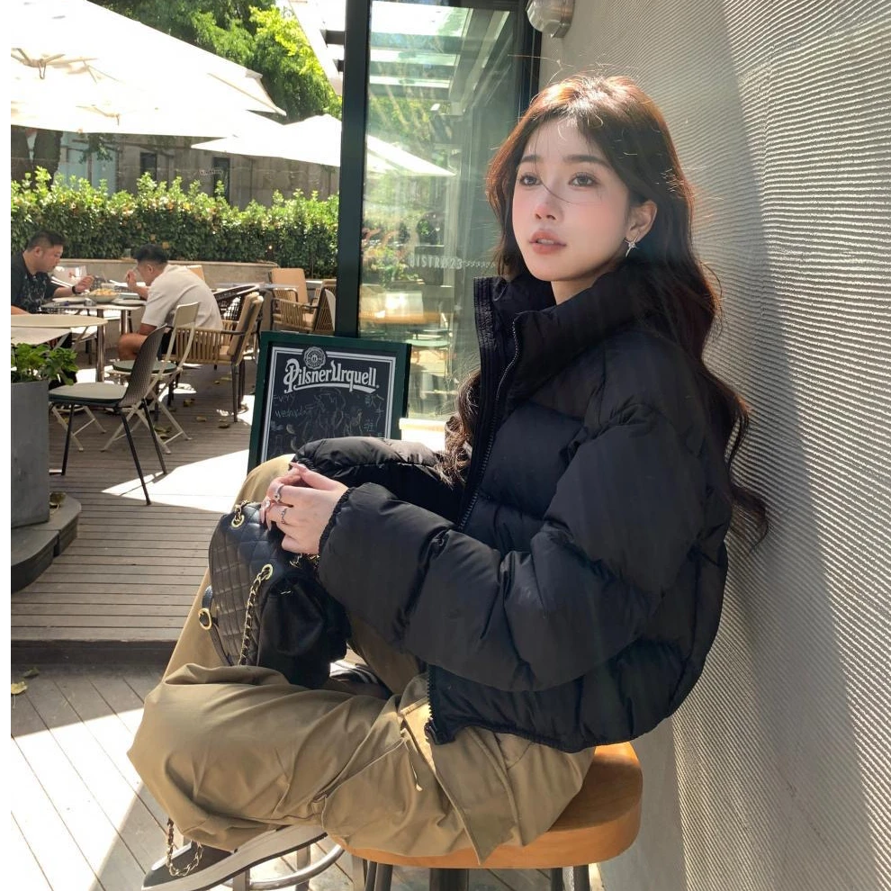短款咖色羽绒服女2025冬季韩版立领设计感小个子加厚面包服外套潮