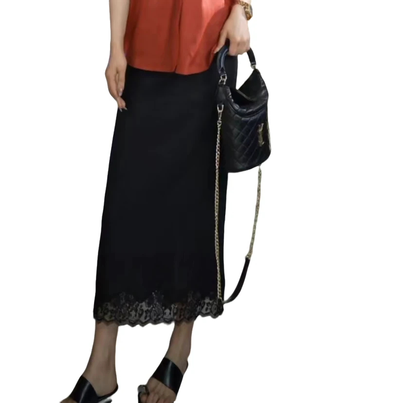 时尚气质百搭显瘦100亚麻摆蕾丝女士松紧腰半身裙ML25817Q