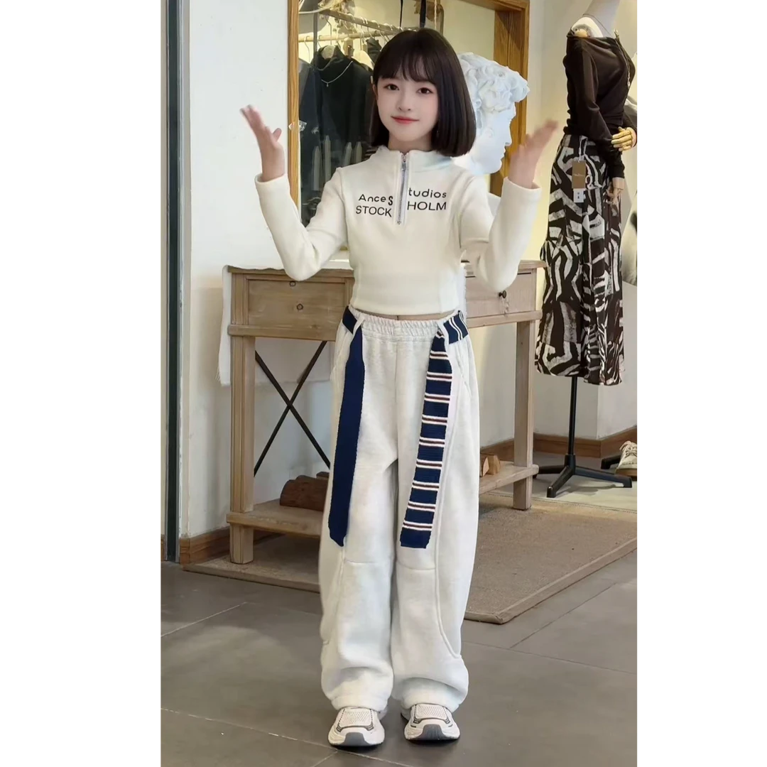 （无腰带）女童拼接加绒弯刀休闲卫裤