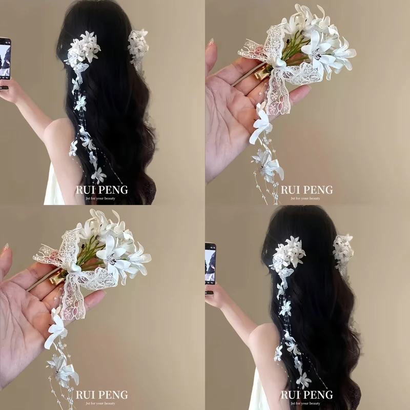 新中式超仙花朵流苏发夹女后脑勺2025新款高级感小众侧边夹发卡