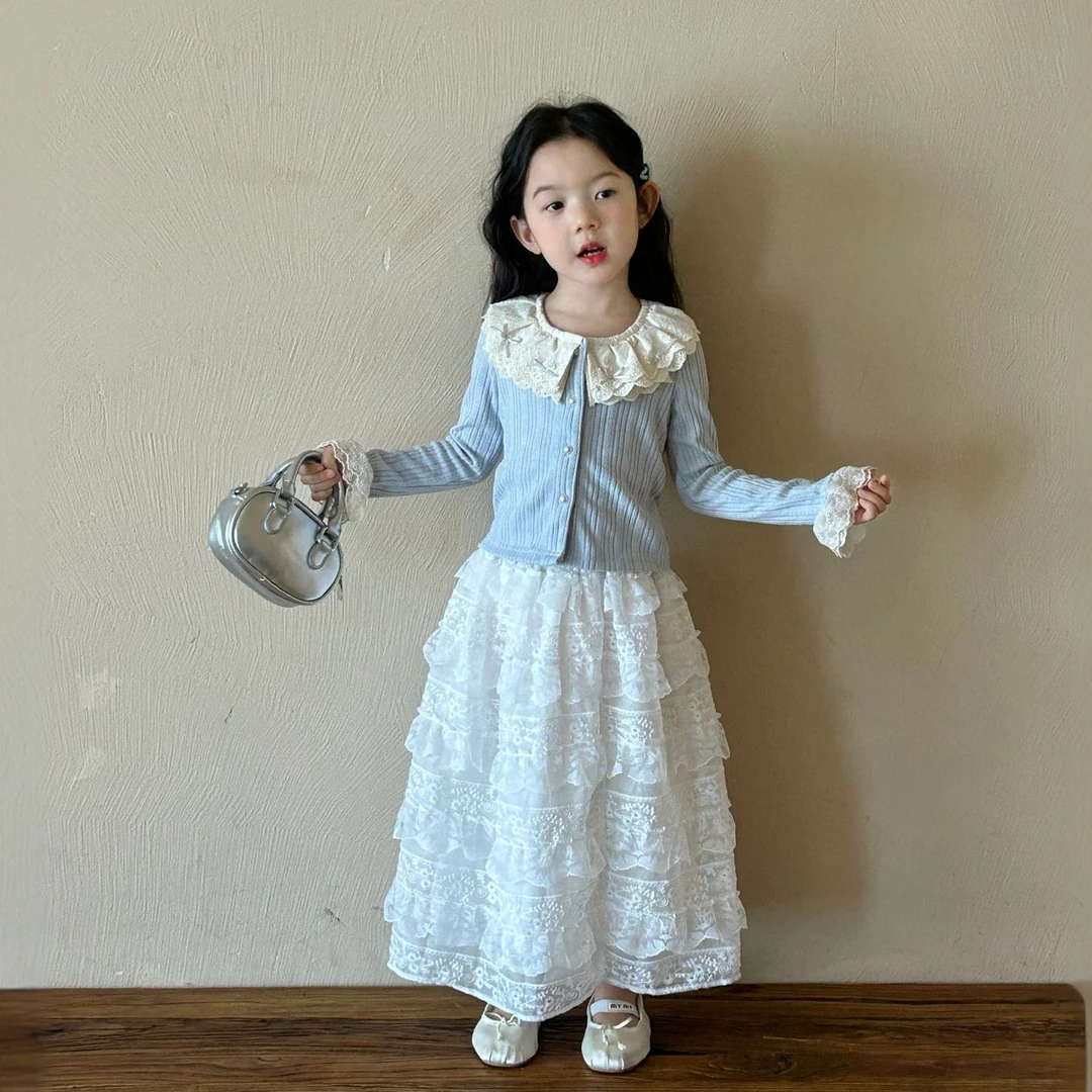 2025春季新款女童韩版小清新花边领针织开衫女宝洋气网纱蛋糕长裙