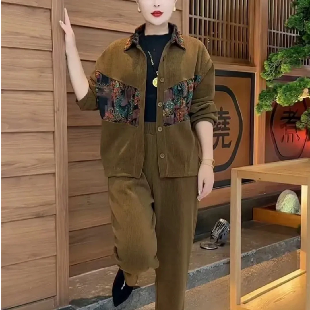2025秋季新款时尚中年女士印花纽扣开衫裤子两件套休闲百显瘦套装