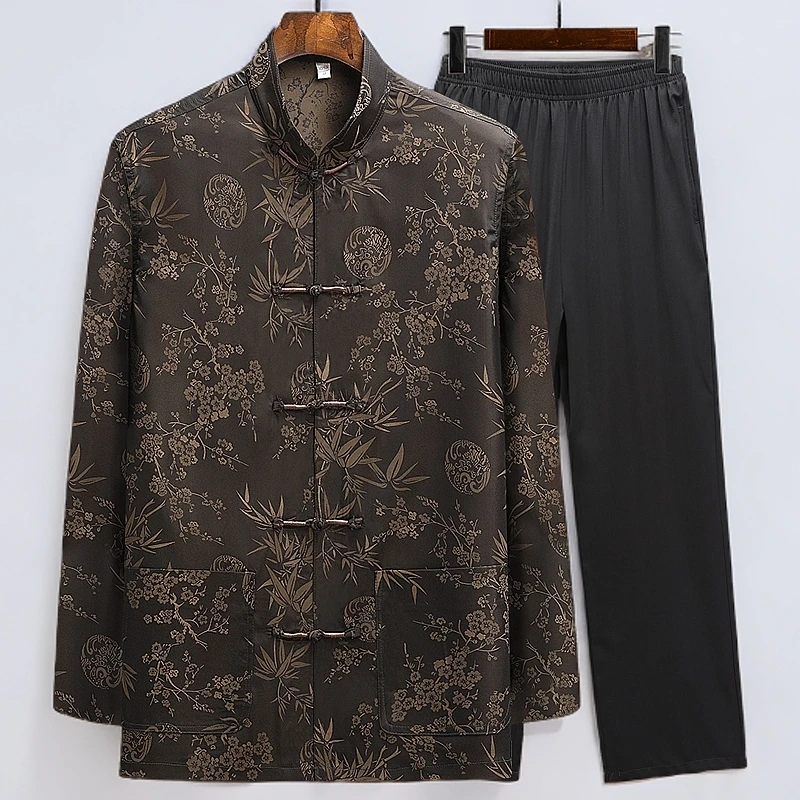 长袖唐装套装爸爸装中老年春秋季男士爷爷春装衣服老人60-70-80岁