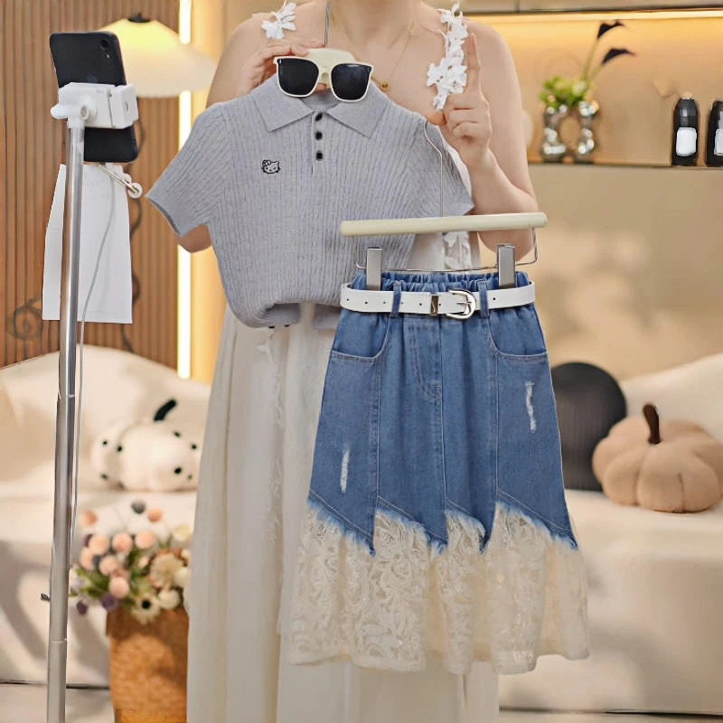 女童牛仔拼蕾丝半身裙套装夏季6-14岁女大童韩版短袖不规则短裙潮