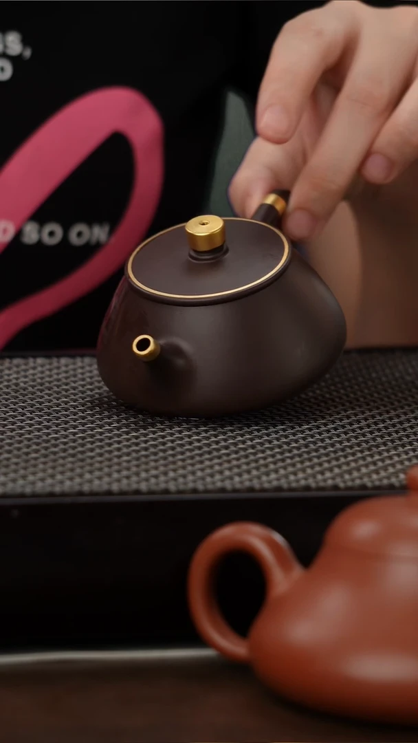 茶壶紫砂四号井茄皮紫泥描金平盖石瓢110cc